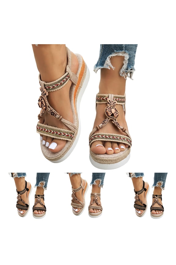 Bohemian Wedge Sandals for Women Wide Width Platform Orthopedic Summer Beach Shoes Comfortable Walking Open Toe Woven Walking Sandal Beige Size 8.5