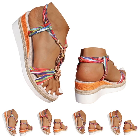 Pandaie Bohemian Wedge Sandals for Women Wide Width Platform Orthopedic Espadrilles Braided Strappy Dressy Summer Beach Shoes Colorful Size 10