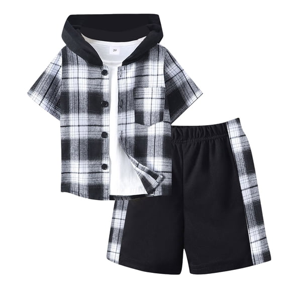 Pandaie Boys 2 Pieces Clothing Shorts Set Short Sleeve Plaid Button Down Shirt and Jogger Cargo Shorts Summer Outfit 8-9 Years Black