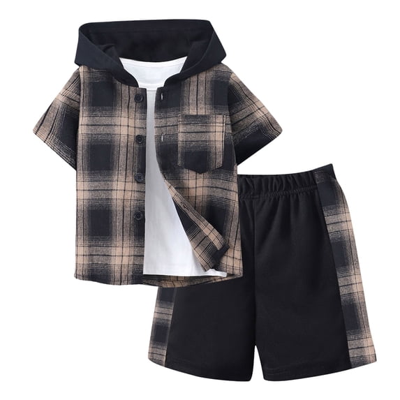 Pandaie Boys 2 Pieces Clothing Shorts Set Short Sleeve Plaid Button Down Shirt and Jogger Cargo Shorts Summer Outfit 5-6 Years Brown