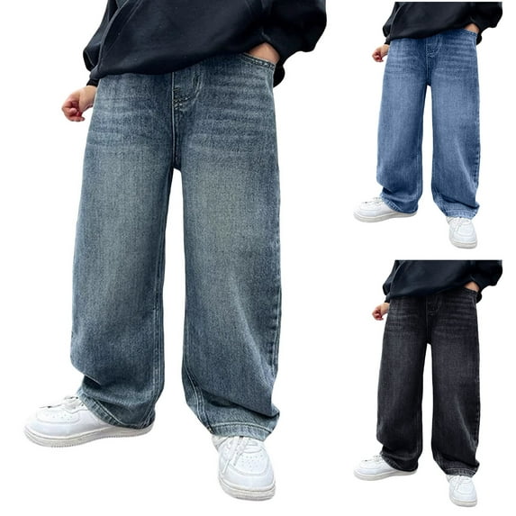 Pandaie Boys Baggy Jeans Straight Wide Leg Elastic Waist Loose Denim Pants Vintage Loose Fit Trousers Streetwear with Pockets Black 5-6 Years