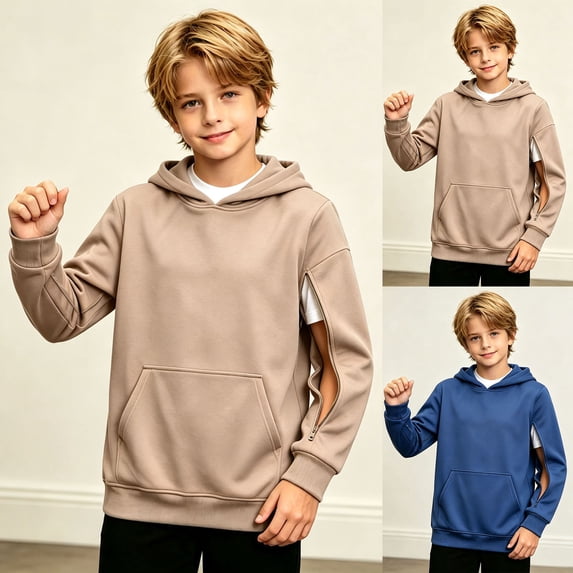 Pandaie Boys Crew Neck Hoodie Sweatshirt Side Zipper Cutout Detail Front Pocket Loose Fit Basic Pullover 5T 6T 7T 8T School Daily Outfits Dark Blue,3-4 Years