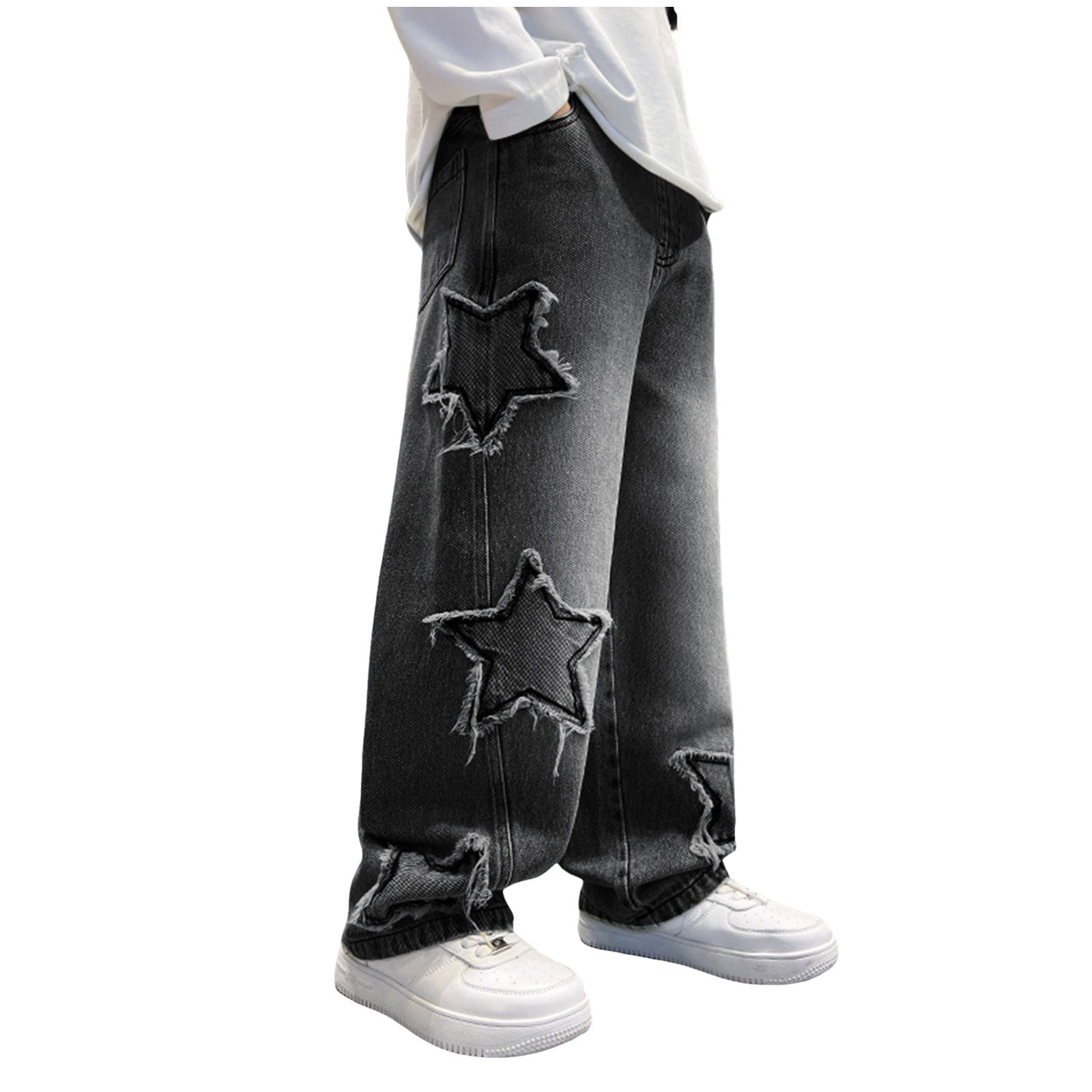 Pandaie Boys Cute Star Baggy Jeans Straight Wide Leg Cargo Denim