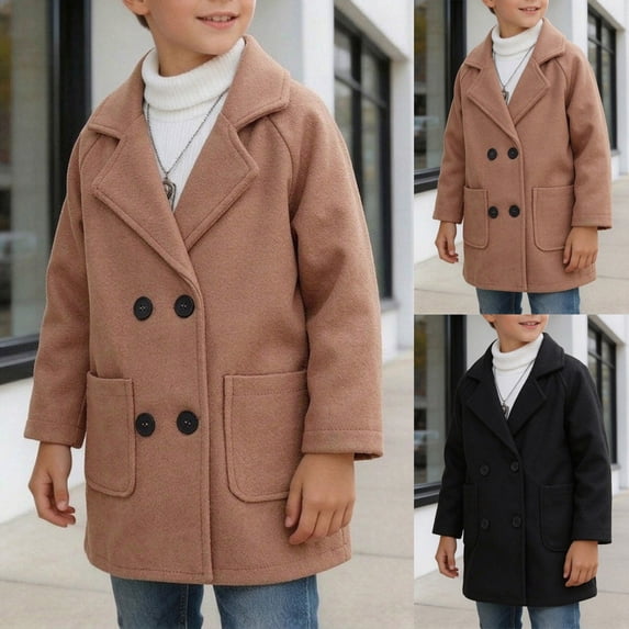 Pandaie Boys Double Breasted Wool Blend Peacoat Lapel Raglan Sleeve Patch Pocket Mid Length Winter Coat Black,5-6 Years