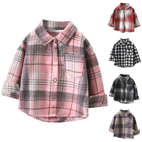 Pandaie Boys Girls Flannel Plaid Shirt Jacket Long Sleeve Lapel Button Shacket Little Kids Fall Winter Outwear Coat Black 5-6 Years