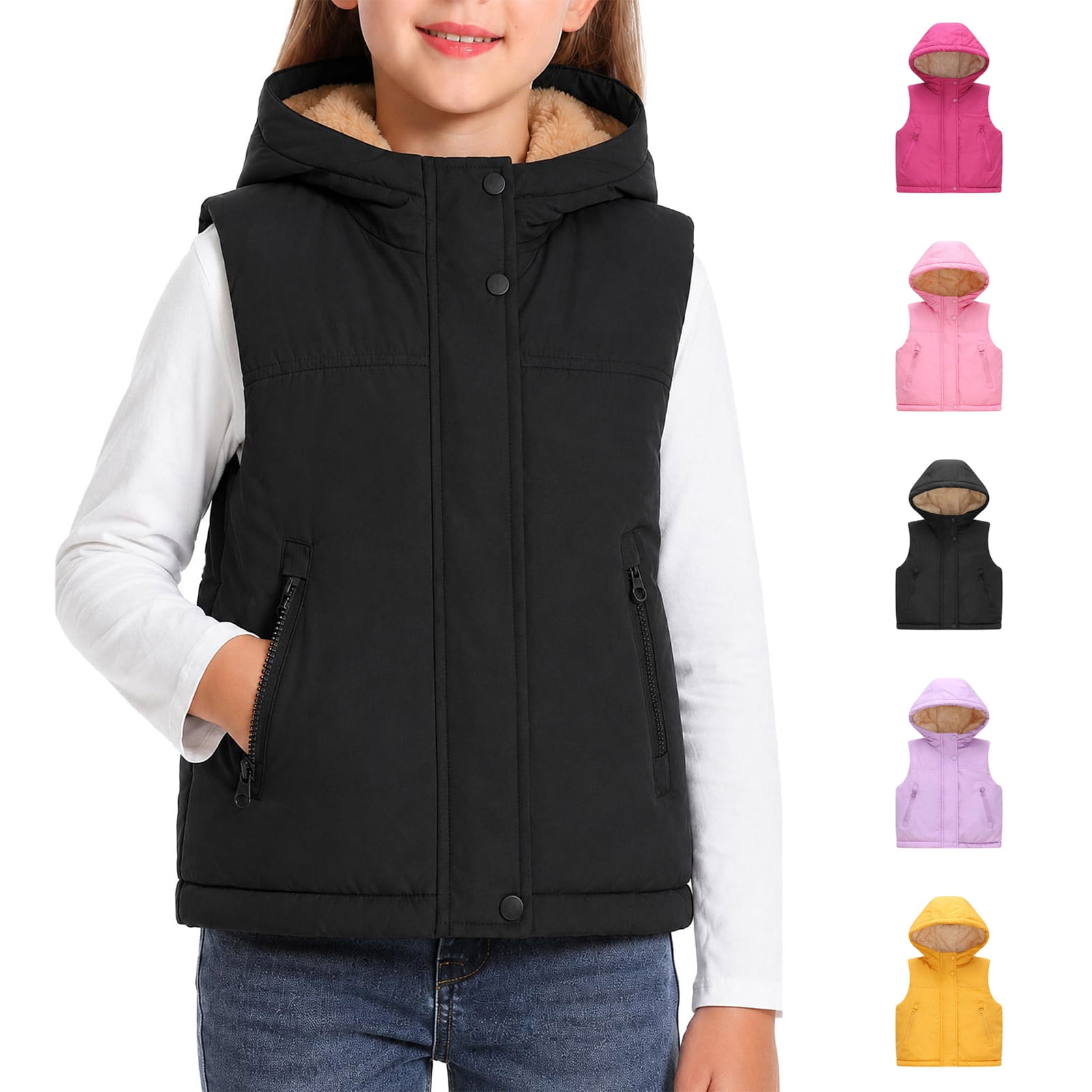 Pandaie Boys Girls Kids Sherpa Lined Hooded Quilted Vest Zipper Pocket ...
