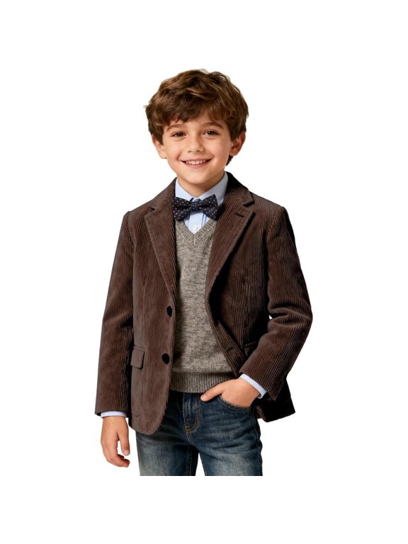Boys Wedding Fit Formal Suit Corduroy Lapel Single Breasted Blazer Jacket for Dress Up Outfits Brown,7-8 Years