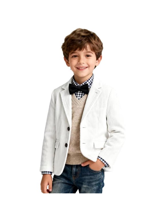 Boys Wedding Fit Formal Suit Corduroy Lapel Single Breasted Blazer Jacket for Dress Up Outfits White,13-14 Years