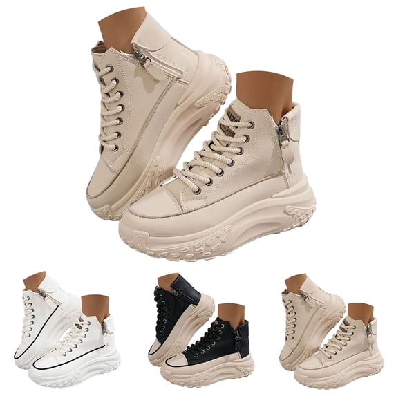 Pandaie Chunky Sneakers for Women Fashion PU Leather High Top Canvas Shoes Lace up Wedge Walking Platform Sneaker with Side Zipper Non Slip Sole Memory Foam Black 5.5