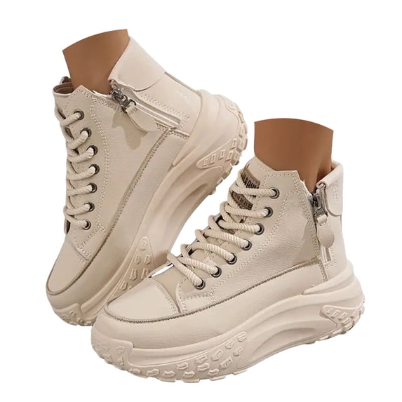 Pandaie Chunky Sneakers for Women Fashion PU Leather High Top Canvas Shoes Lace up Wedge Walking Platform Sneaker with Side Zipper Non Slip Sole Memory Foam Khaki 6.5