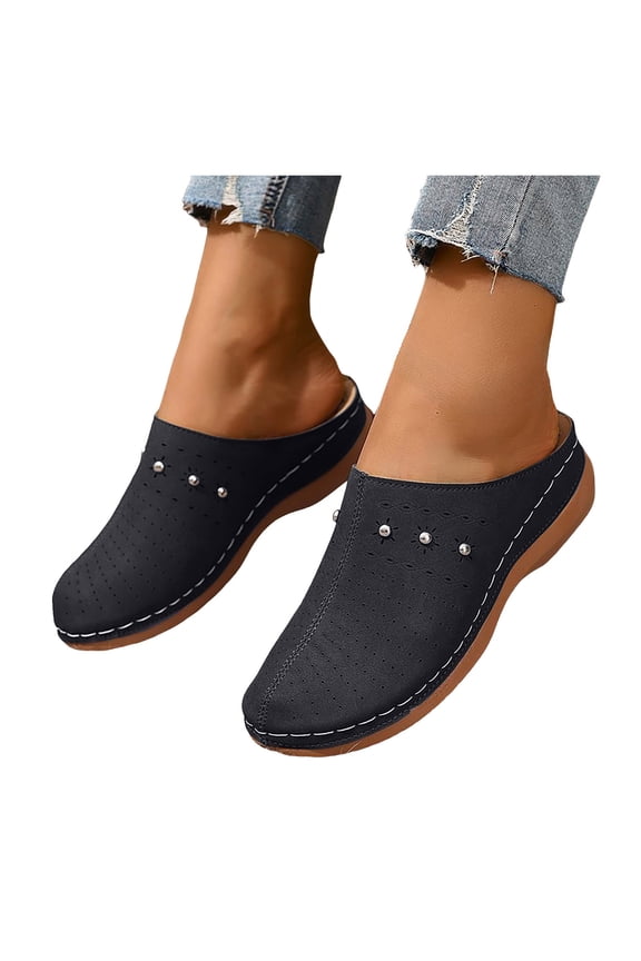 Clogs for Women Orthopedic Walking Slip on Mules with Arch Support Closed Toe Casual Slide Sandals Summer Low Wedge Shoes Indoor Outdoor Black Size 8