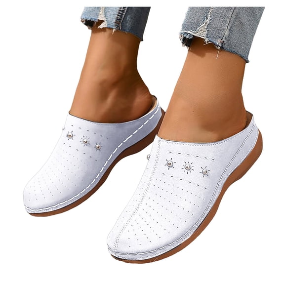 Pandaie Clogs for Women Orthopedic Walking Slip on Mules with Arch Support Closed Toe Casual Slide Sandals Summer Low Wedge Shoes Indoor Outdoor White Size 7.5