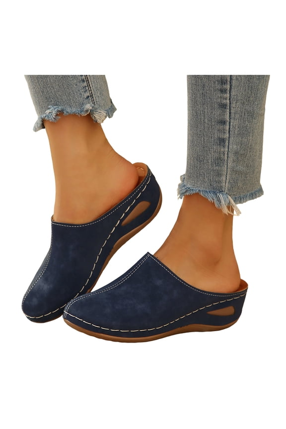 Clogs for Women Comfortable Closed Toe Slip on Mules Suede Summer Wedge Slide Sandals Ladies Casual Walking Shoes Navy Size 8