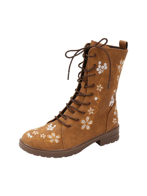 Combat Boots for Women Cute Embroidered Flower Lace up Country Cowboy Ankle Booties Chunky Block Low Heel Short Booties Boho Round Toe Dress Riding Boot Khaki 9
