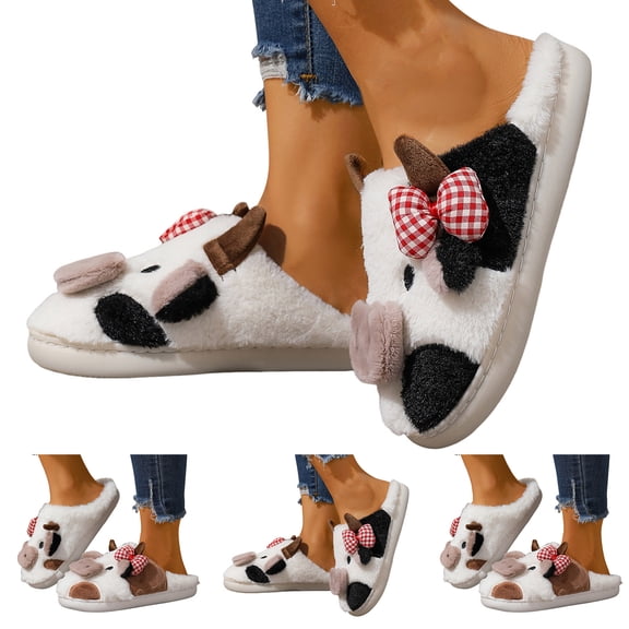 Pandaie Cow Slippers for Women Men Cute Cozy Cartoon Fuzzy House Shoes Pillow Cloud Fall Winter Bedroom Home Slides for Indoor Outdoor Black 7