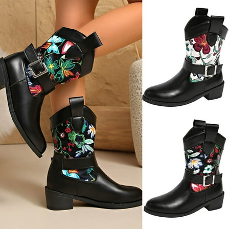 Pandaie Cowboy Cowgirl Boots Womens Leather Motorcycle Riding Western Booties Buckle Chunky Low Heel Mid Calf Boot Black 6