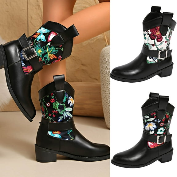 Pandaie Cowboy Cowgirl Boots Womens Leather Motorcycle Riding Western Booties Buckle Chunky Low Heel Mid Calf Boot Black 6