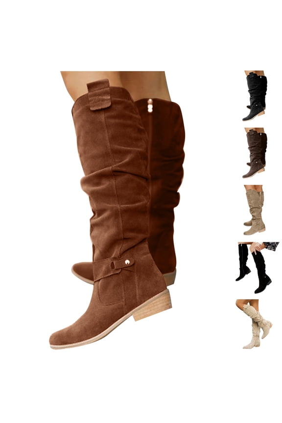 Cowboy Knee High Boots Women Suede Wide Calf Western Cowgirl Boots Chunky Low Heel Riding Dress Winter Shoes for Ladies Beige 7