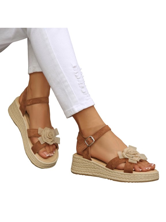 Espadrille Platform Sandals for Women Buckle Ankle Strap Wedges Slides Flower Open Toe Comfortable Summer Shoes Brown 7
