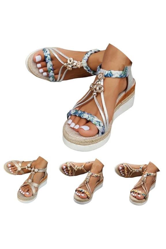 Espadrilles Wedge Sandals for Women Bohemian Wide Width Platform Slip on Summer Walking Shoes with Elastic Ankle Strap Beige 6