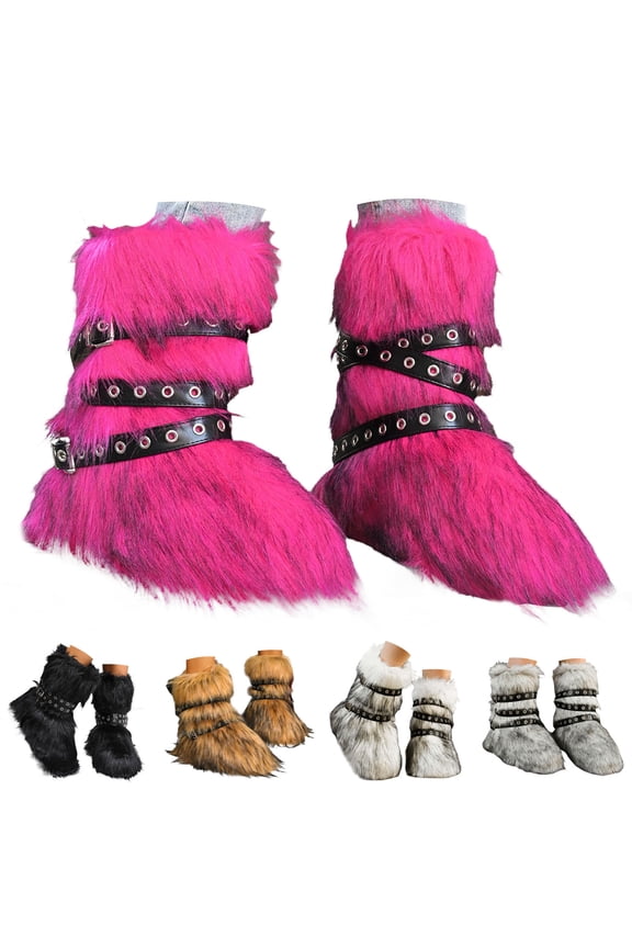Fashion Furry Boots for Women Flat Heel Comfy Plush Warm Snow Booties 2025 Winter Mid Calf Outdoor Indoor Shoes Black 7.5