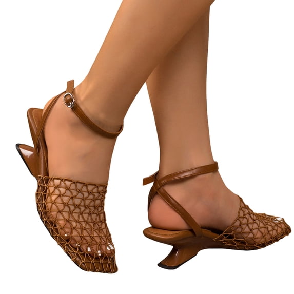 Pandaie Fashion Mesh Heels for Women Closed Square Toe Heeled Sandals Ankle Strap Slingback Wedding Dress Pumps Shoes Size 6-9 Brown