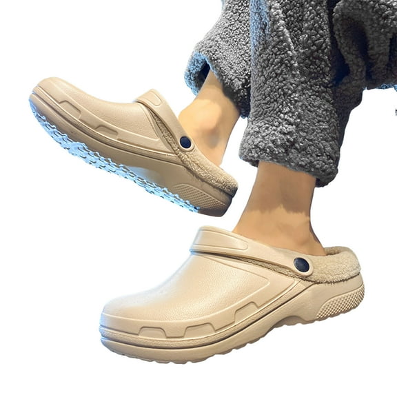 Pandaie Garden Clogs Shoes for Women Men Winter Furry Lined Athletic Sandals Mules Fuzzy Indoor Outdoor Walking Shoes Khaki 7.5
