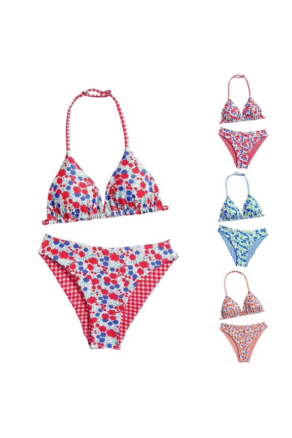Girl's 2 Piece Swimsuits Floral Gingham Halter Triangle Wireless Bikini Bathing Suit Kids Cute Brief Summer Beach Swimwear 10-11 Years Blue