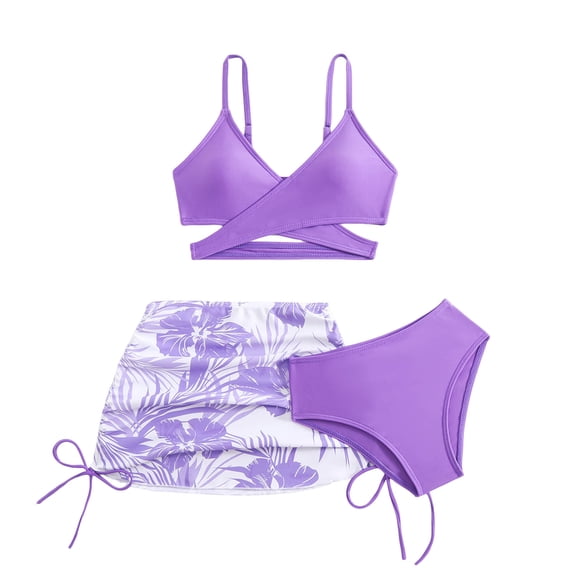 Pandaie Girl's 3 Piece Floral Swimsuit Cute V Neck Bikini Set Ruched High Waisted Bathing Suit with Drawstring Beach Cover up Skirt 3-4 Years Purple