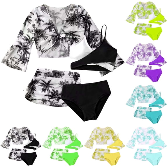 Pandaie Girl's 4 Piece Swimsuit Color Block Taniki Bikini Bathing Suit with Mesh Coverup Set Teen Girl Tree Print Boho Swimwear 130 Black
