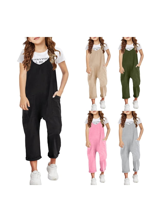 Girl's Casual Sleeveless Jumpsuits Spaghetti Straps Harem Long Overalls with Pockets Kids Summer Rompers Outfit 8-9 Years Army Green
