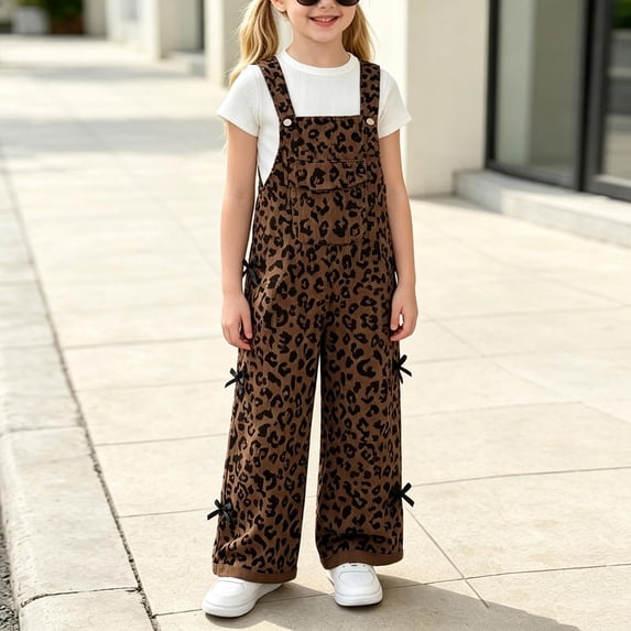 Pandaie Girl's Leopard Corduroy Overall Shoulder Strap Wide Leg Pants Bow Decor Fashion Casual Jumpsuit for Fall Brown,9-10 Years