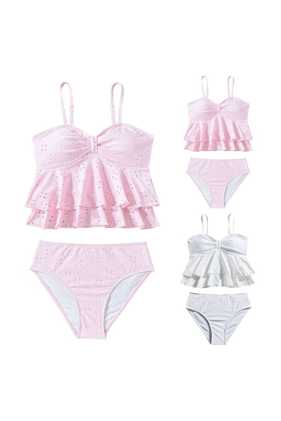 Girl's Tankini Swimsuit Split Ruffle Flowy Bathing Suits with Adjustable Strap Summer Beach 2 Piece Swimwear 9-10 T,Pink