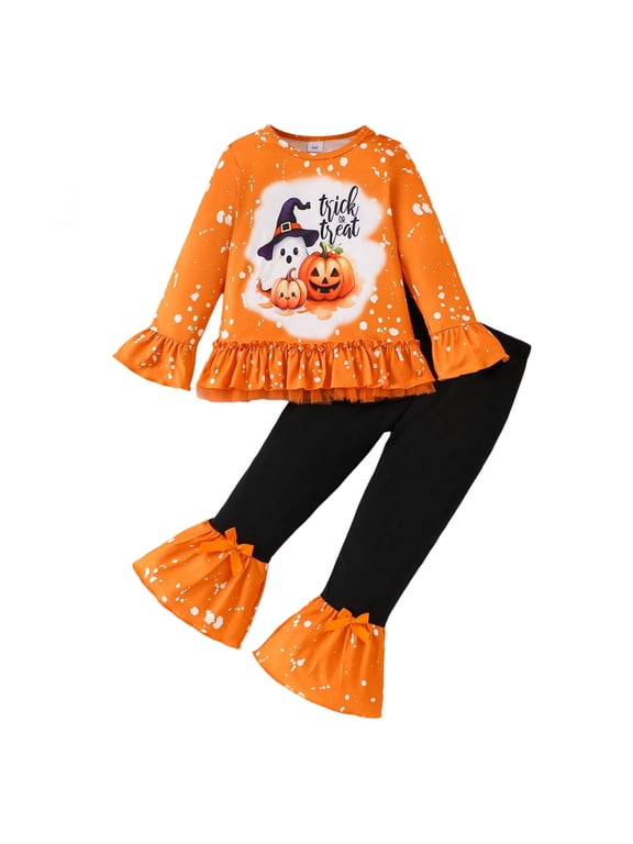 Girls 2 Piece Clothing Set Kids Halloween Outfit 3T 4T 5T 6T Flare Sleeve Top and Bow Flare Cuff Pants for Festival Gift Red,7-8 Years