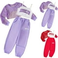 thumbnail image 1 of Pandaie Girls 3 Piece Outfits Long Sleeve Hollow out Crop Tee Letter Print Camis Tops Joggers Sweatpants Sets Kids Summer Clothes 6-14Y Purple, 1 of 4