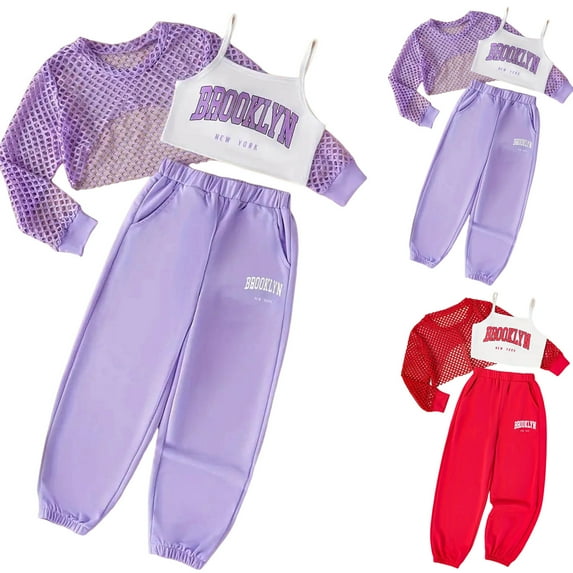 Pandaie Girls 3 Piece Outfits Long Sleeve Hollow out Crop Tee Letter Print Camis Tops Joggers Sweatpants Sets Kids Summer Clothes 6-14Y Purple