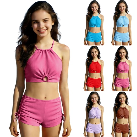 Pandaie Girls' Bandeau Bikini 2-Piece Swimsuit Solid Color Halter Tankini Kids Tank Tops Drawstring Shorts Bathing Set for Beach Vacation 12-13 Years Blue