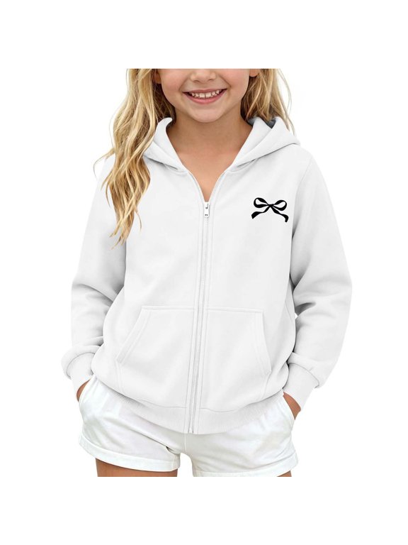 Girls Bow Embroidery Full Zip Hoodie Jacket Kangaroo Pocket Long Sleeve Casual Outerwear 6T 7T 8T 9T Fashion Fall Coat White,11-12 Years