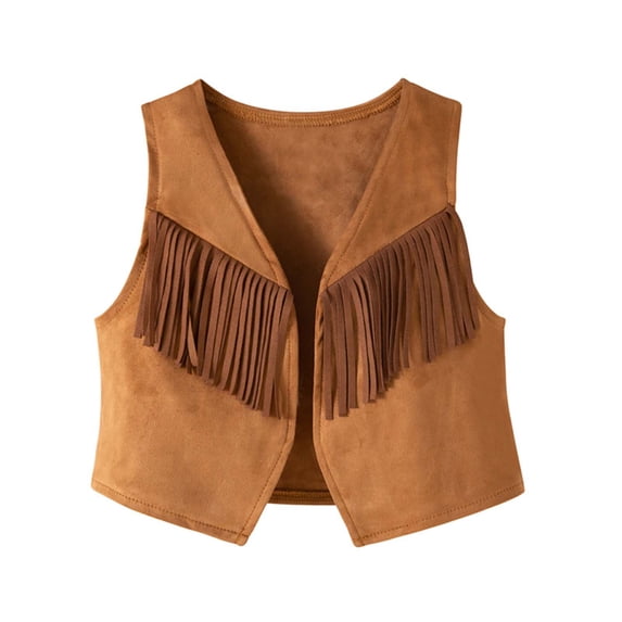 Pandaie Girls Boys Western Fringe Crop Vest Sleeveless Tassel Cowboy Cowgirl Hippie Boho Jacket Cardigan Clothes 3-4 Years Brown
