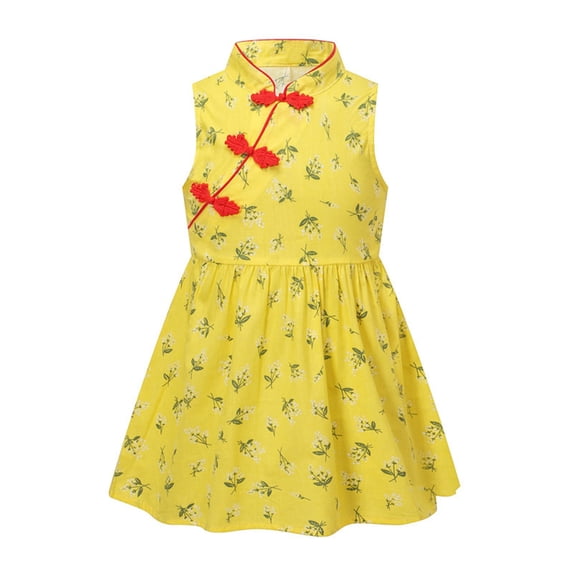 Pandaie Girls Chinese Cheongsam Qipao Embroidery Floral Dress Toddler Sleeveless Princess Summer Dresses Outfit 5-6 Years Gold