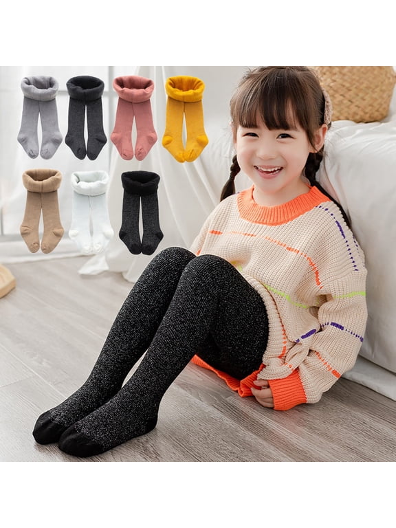 Girls Cotton Fleece Lined Leggings Warm Thick Knit Tights Full Length Pants Winter Stockings Pantyhose Black,4-6 Years