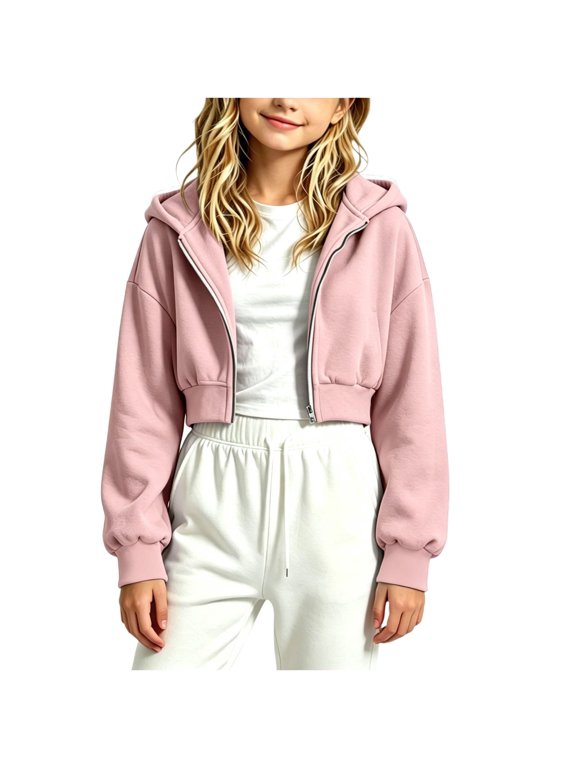 Girls Cropped Full Zip Hoodie Sweatshirt Fashion Drop Shoulder Loose Fit Fleece Hooded Jacket for Casual Back To School Pink,5-6 Years