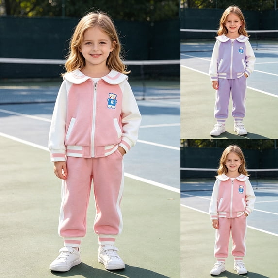 Pandaie Girls Cute Sailor Collar Bear Print Outfits 9M-8T Color Block Baseball Jacket Side Stripe Jogger Toddler Casual Tracksuit Pink,2-3 Years