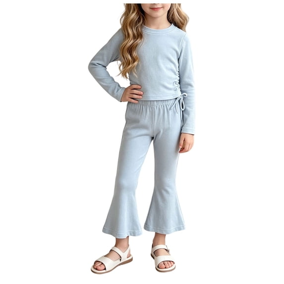 Pandaie Girls Drawstring Crop Blous Top Flare Pants 2 Piece Set Solid Color Stretch Long Sleeve Casual Fashion Tracksuit Blue,7-8 Years