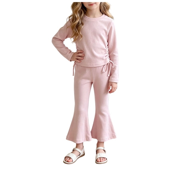 Pandaie Girls Drawstring Crop Blous Top Flare Pants 2 Piece Set Solid Color Stretch Long Sleeve Casual Fashion Tracksuit Pink,9-10 Years