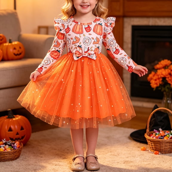 Pandaie Girls' Halloween Pumpkin Print Mesh Tulle Dress Ruffle Long Sleeve Bow Waist Party Princess Outfit Orange,7 Years