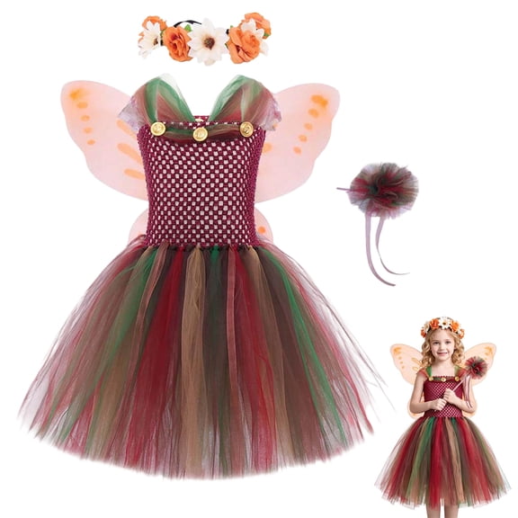 Pandaie Girls Halloween Tulle Tutu Costume Dress with Floral Flower Crown Fairy Wings Magic Wand Full Accessory Kit Red,7-8 Years