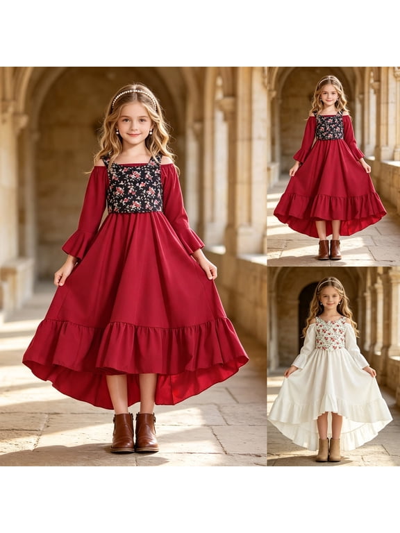 Girls Holiday High Low Dress Floral Patchwork Off Shoulder Ruffle Long Sleeve Outfit 5T 6T 7T 8T Costume Dresses Red,13-14 Years