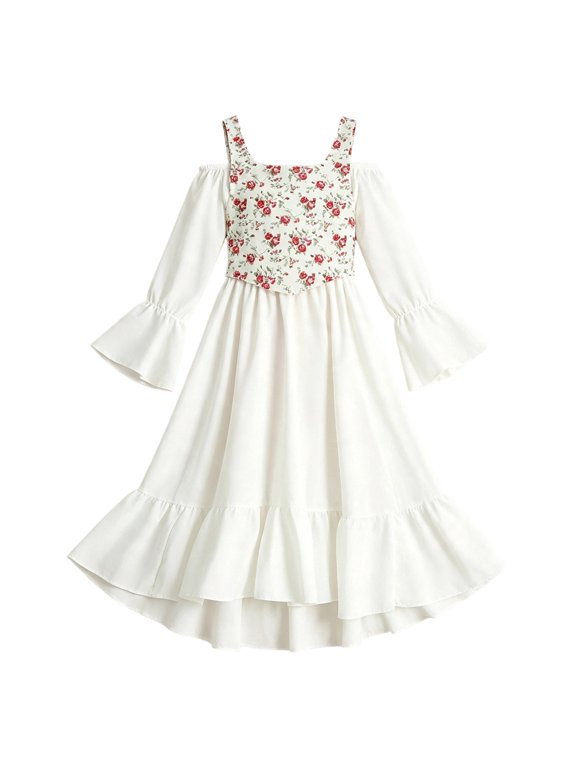 Girls Holiday High Low Dress Floral Patchwork Off Shoulder Ruffle Long Sleeve Outfit 5T 6T 7T 8T Costume Dresses White,5-6 Years