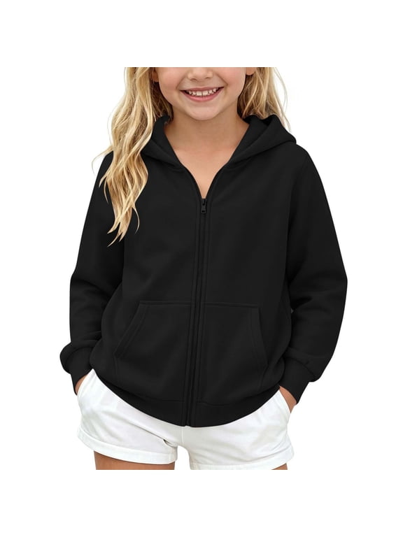Girls Multi Color Fleece Full Zip Jacket Stand Collar Side Pocket Long Sleeve Outerwear Coat for Back to School Black,13-14 Years